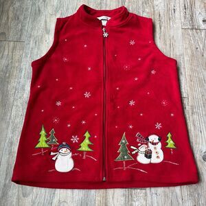 Vintage Ugly Christmas Sweater Vest Women's Large Fleece Red White 90s Granny
